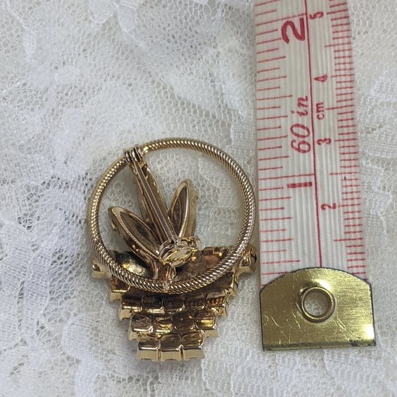 VTG amber citrine rhinestone flower basket brooch - Picture 3 of 3